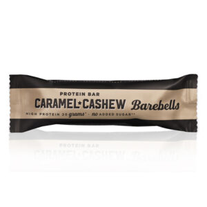 Verpakking van een Barebells eiwitreep met de smaak Caramel Cashew, aangegeven als een high-protein bar met 20 gram eiwit en geen toegevoegde suikers.