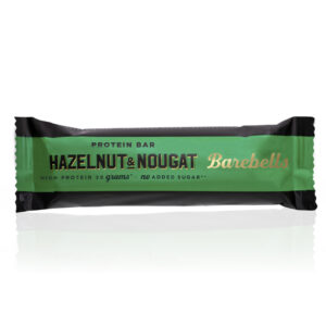 Verpakking van een Barebells eiwitreep met de smaak Hazelnut & Nougat, gemarkeerd als een high-protein bar met 20 gram eiwit en zonder toegevoegde suikers, in een opvallende groene verpakking.