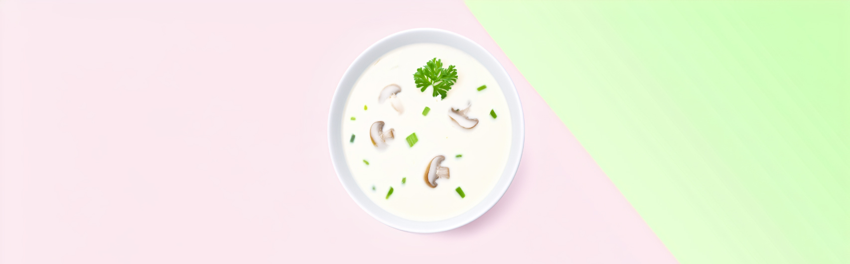 Banner van een Pittige Keto Thaise soep met champignons en paksoi, prachtig gepresenteerd in een witte kom tegen een roze en groene kleurverloop achtergrond.